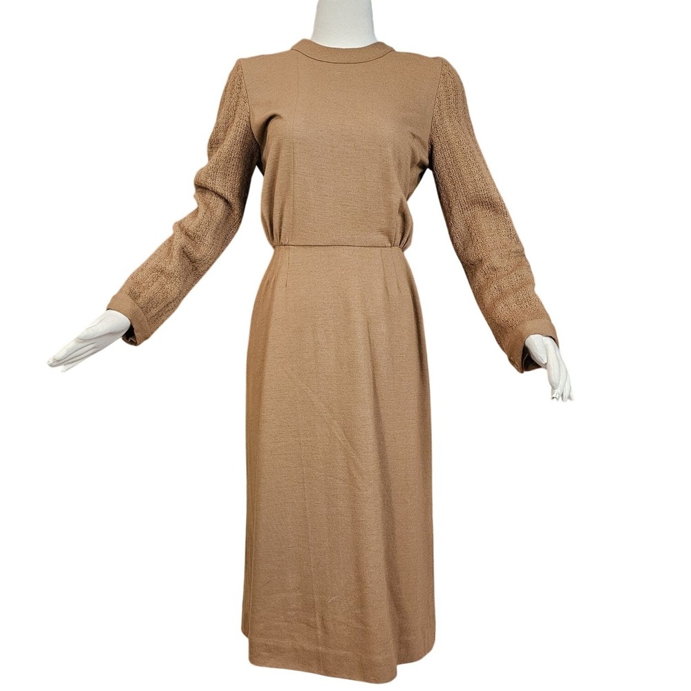 Vintage 1960's Knit Dress Brown Long Sleeve Fitted Waist Midi Length Retro